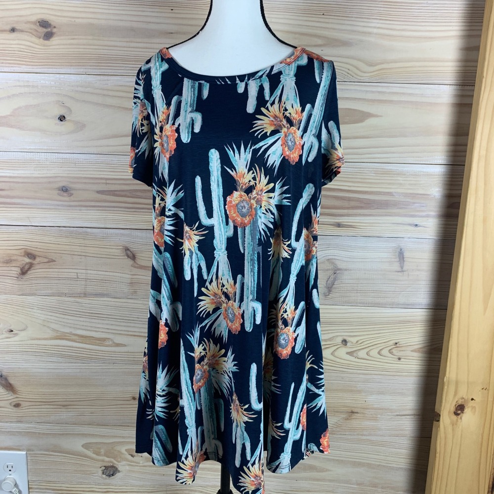 Jodifl Dress Womens XL Navy Cactus Floral Swing Short Sleeve Boho Desert SEO